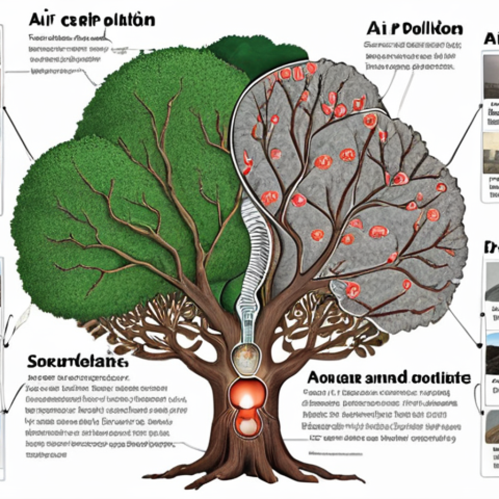 **A mind map illustrating the sources, types, and impacts of air pollutants, with keywords highlighted and connected by branches.** (Focuses on 대기오염개론 - Air Pollution Overview)