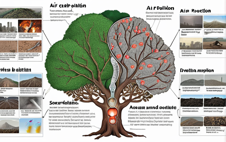 **A mind map illustrating the sources, types, and impacts of air pollutants, with keywords highlighted and connected by branches.** (Focuses on 대기오염개론 - Air Pollution Overview)