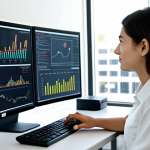 A focused female environmental data analyst in modest business casual attire, seated at a clean, brightly lit modern office workstation. She is looking at two large monitors; one displays complex data visualizations, statistical graphs, and snippets of Python code, while the other shows a streamlined, automatically generated report or a LIMS interface with organized sample data. A cup of coffee and a neatly organized desk are visible. Professional, calm, efficient mood. Soft, natural light. Professional photography, high resolution, sharp focus, fully clothed, modest clothing, appropriate attire, professional dress, safe for work, appropriate content, perfect anatomy, correct proportions, natural pose, well-formed hands, proper finger count, natural body proportions.