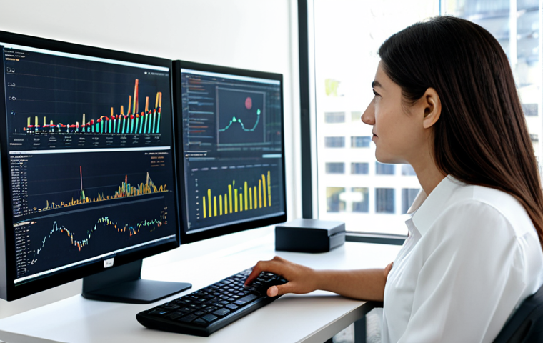 A focused female environmental data analyst in modest business casual attire, seated at a clean, brightly lit modern office workstation. She is looking at two large monitors; one displays complex data visualizations, statistical graphs, and snippets of Python code, while the other shows a streamlined, automatically generated report or a LIMS interface with organized sample data. A cup of coffee and a neatly organized desk are visible. Professional, calm, efficient mood. Soft, natural light. Professional photography, high resolution, sharp focus, fully clothed, modest clothing, appropriate attire, professional dress, safe for work, appropriate content, perfect anatomy, correct proportions, natural pose, well-formed hands, proper finger count, natural body proportions.