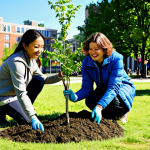 **

A diverse group of people are planting trees in a sunny urban park, fully clothed, wearing appropriate attire, safe for work. Focus on community involvement and environmental awareness. Background includes city buildings and a clear blue sky. Professional photography, perfect anatomy, natural pose, well-formed hands, proper finger count, natural body proportions, family-friendly, appropriate content, modest.

**