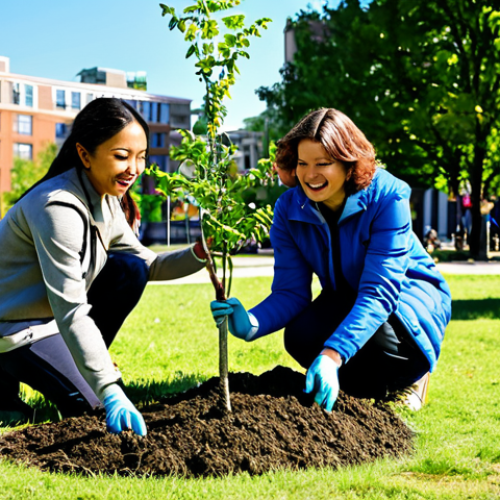 Home 8 **
A diverse group of people are planting trees in a sunny urban park, fully clothed, wearing appropriate attire, safe for work. Focus on community involvement and environmental awareness. Background includes city buildings and a clear blue sky. Professional photography, perfect anatomy, natural pose, well-formed hands, proper finger count, natural body proportions, family-friendly, appropriate content, modest.
**