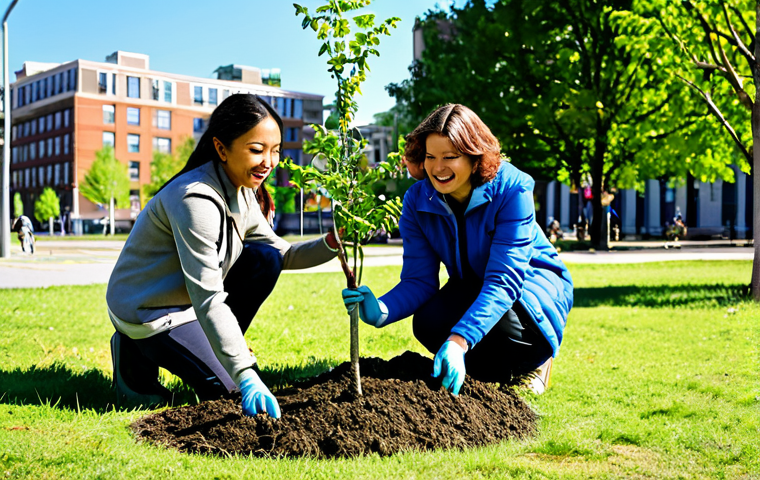 **
A diverse group of people are planting trees in a sunny urban park, fully clothed, wearing appropriate attire, safe for work. Focus on community involvement and environmental awareness. Background includes city buildings and a clear blue sky. Professional photography, perfect anatomy, natural pose, well-formed hands, proper finger count, natural body proportions, family-friendly, appropriate content, modest.
**