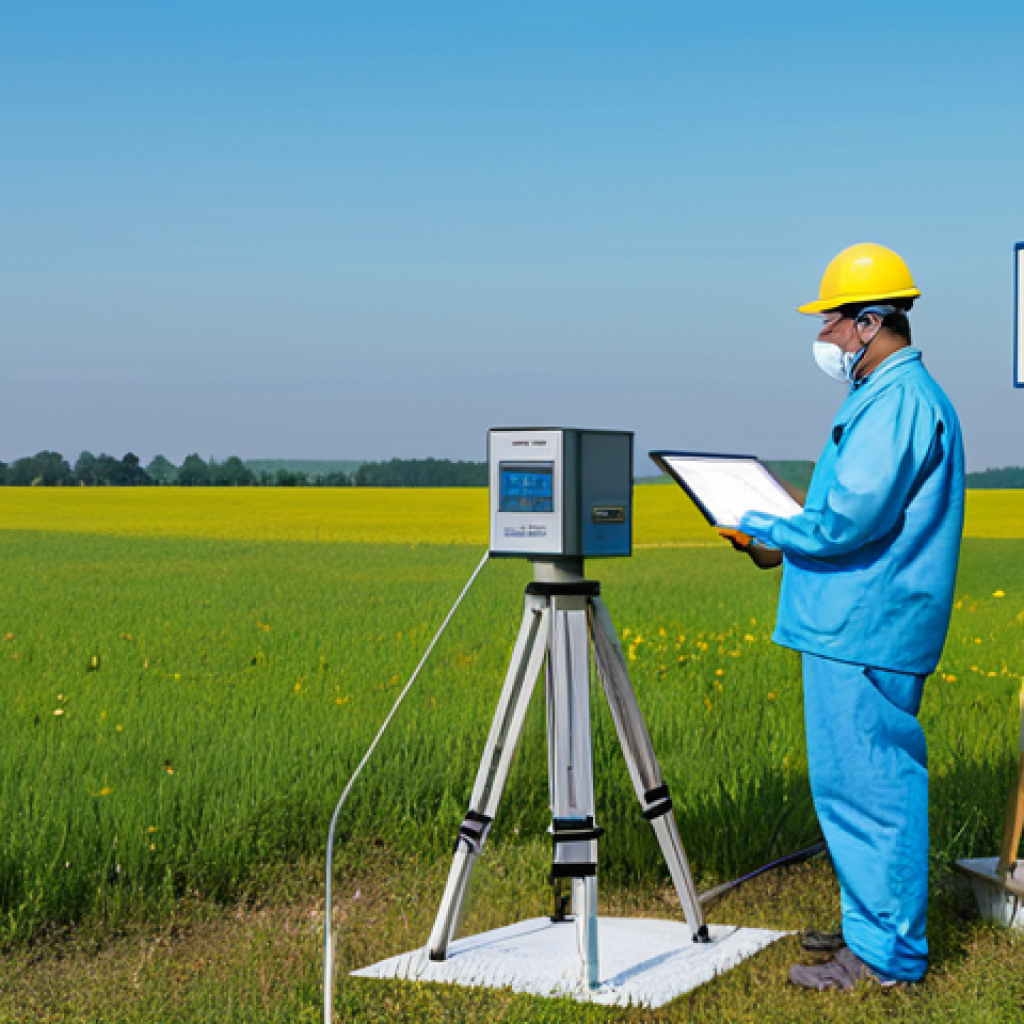 Air Quality Monitoring Station**

"A fully clothed environmental technician inspecting an air quality monitoring station in a clean, open field, professional attire, various scientific instruments visible, safe for work, perfect anatomy, correct proportions, family-friendly, clear sky background, high resolution."

**