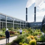 대기오염물질 측정 보고서 작성 요령 - **Prompt:** A state-of-the-art, eco-friendly industrial complex bathed in warm, natural sunlight. Th...