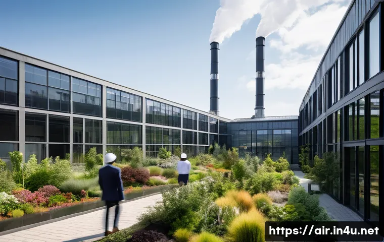 대기오염물질 측정 보고서 작성 요령 - **Prompt:** A state-of-the-art, eco-friendly industrial complex bathed in warm, natural sunlight. Th...