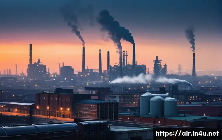 대기환경 이론 정리  연소와 대기오염 - **Image Prompt: The Dual Nature of Combustion - Progress and Pollution**
    A wide shot capturing a...