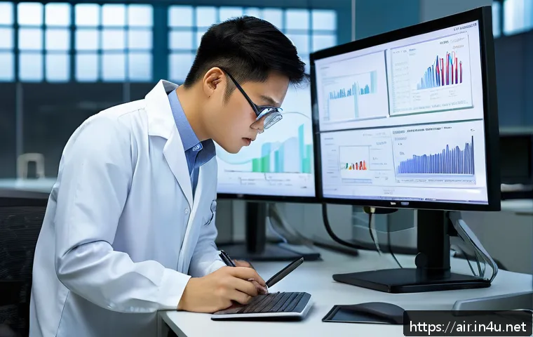 대기환경분야에서 이직할 때 준비해야 할 것 - A professional environmental engineer wearing business casual attire and safety glasses, analyzing r...