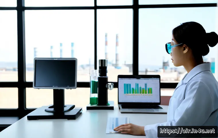 대기오염물질 배출허용기준 분석 - Photorealistic environmental compliance analysis scene, a clean modern laboratory desk with an air q...
